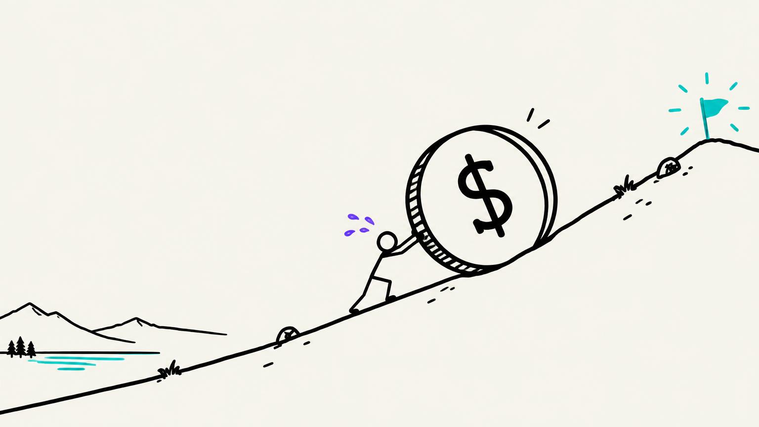 A stick figure pushes a giant coin uphill toward a cyan flag